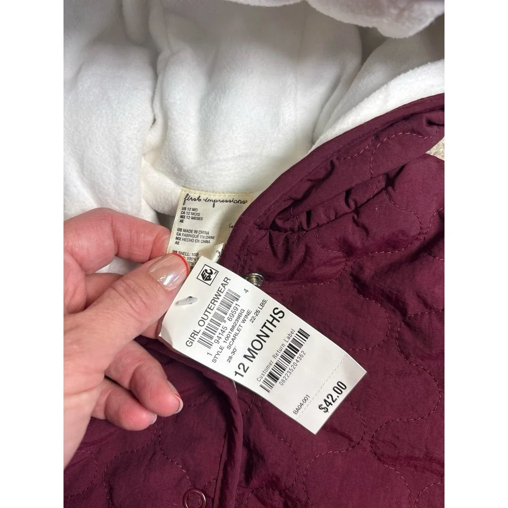 Infant girls 12 months First Impressions burgundy coat with bear ears hood fleec